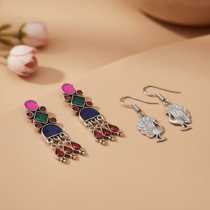 Rainbow rhine dangler earrings (Multicolored)&Peacock royale dangler earrings (Silver) Combo set