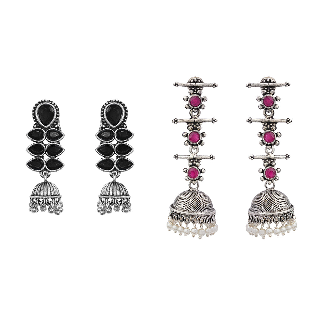 Dazzle Dash Jhumki earring (Black) Royal Triple Bell Layered Jhumka Earring (Red) Combo set