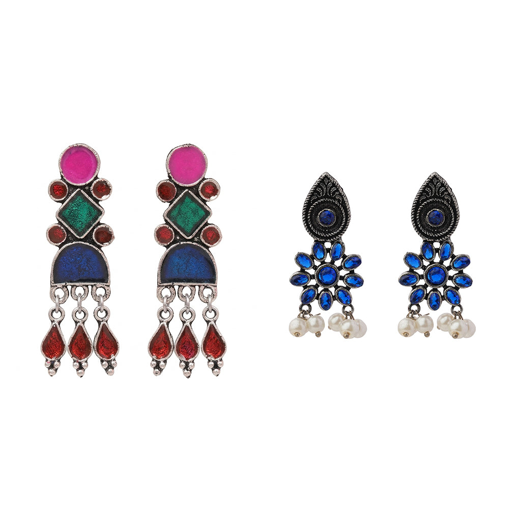 Rainbow rhine dangler earrings (Multicolored)&Drew flower pearl stud earrings (Blue) Combo set