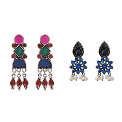 Rainbow rhine dangler earrings (Multicolored)&Drew flower pearl stud earrings (Blue) Combo set