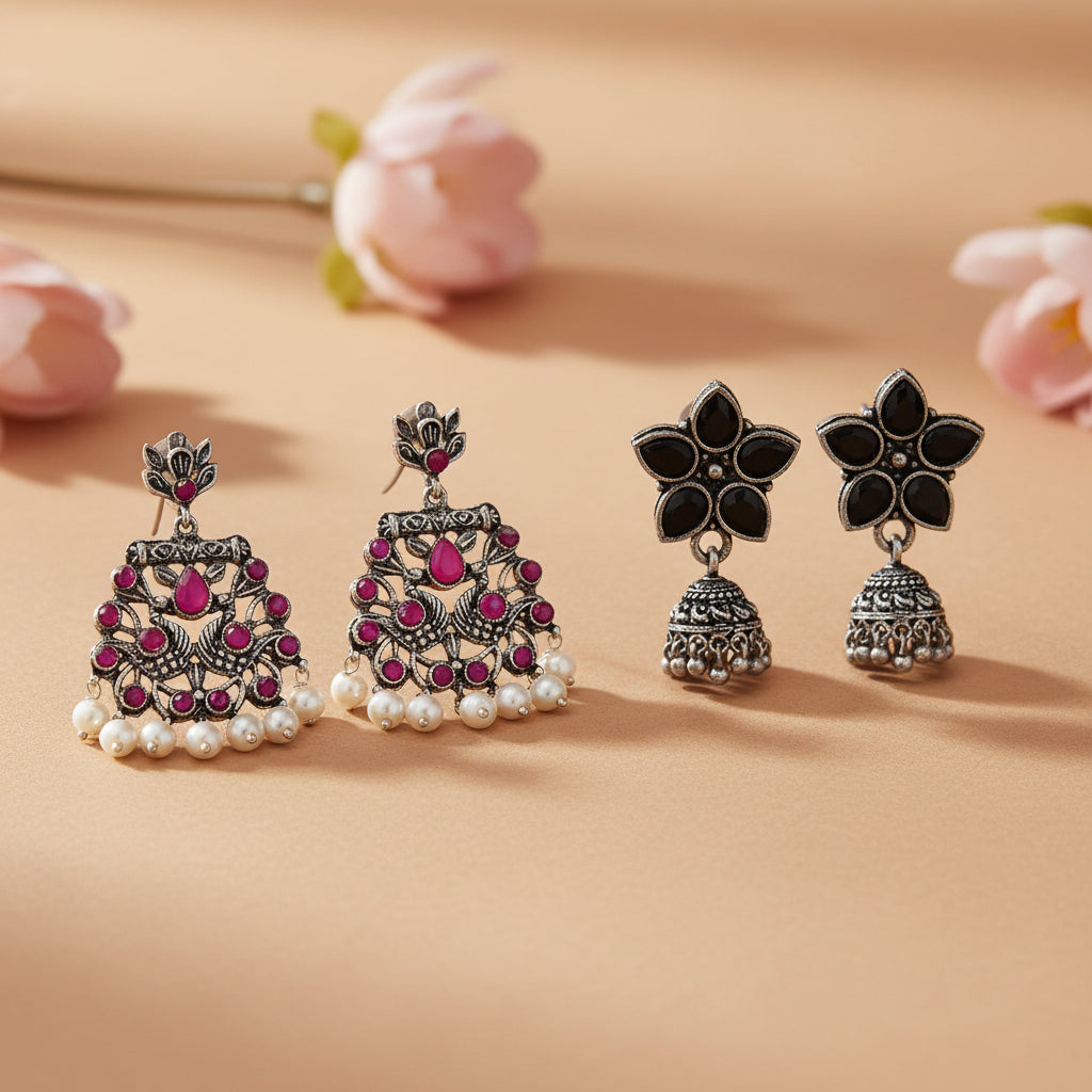 Beauty Bloom ghunghroo jhumki earring (Black)&Peacock glow stone studded dangler earrings (Red) Combo set