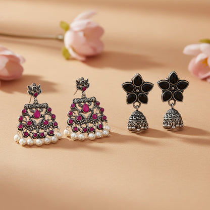 Beauty Bloom ghunghroo jhumki earring (Black)&Peacock glow stone studded dangler earrings (Red) Combo set