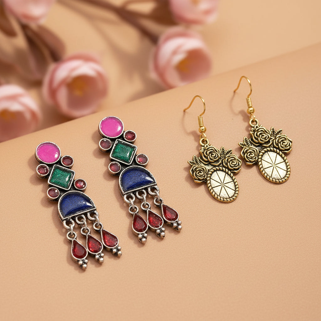 Rainbow rhine dangler earrings (Multicolored)&Vintage Oval Flower Shaped Golden Polished Oxidised Danglers Combo set