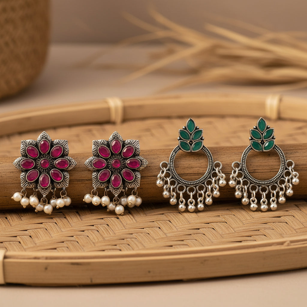 Jugni vibrant stud earrings (Red)&Fine Shine stud earrings (Green) Combo set
