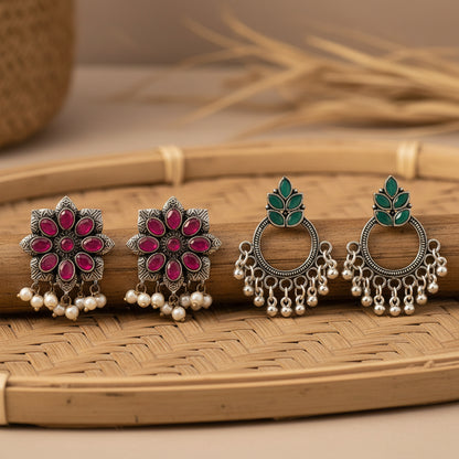 Jugni vibrant stud earrings (Red)&Fine Shine stud earrings (Green) Combo set