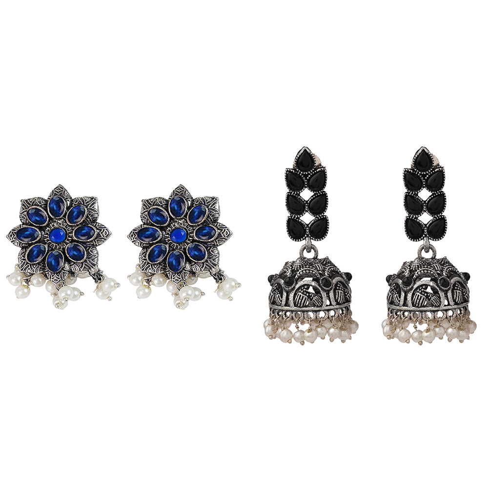Jugni vibrant stud earrings (Blue)&Leaf Cascade jhumki earrings (Black) Combo set