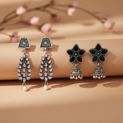 Beauty Bloom ghunghroo jhumki earring (Black)&Precious Petal stone studded dangler earring (Baby Pink) Combo set