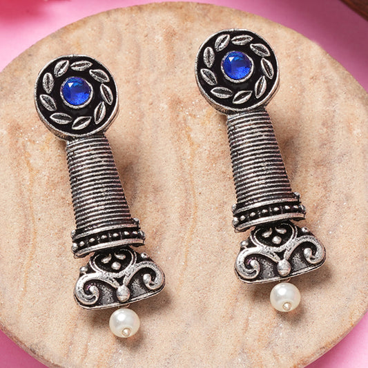 Blue Stone Studded Delicate Oxidised Earrings With Hanging Pearl