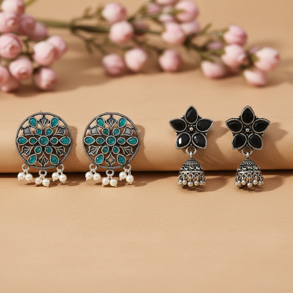 Beauty Bloom ghunghroo jhumki earring (Black)&Glass drops Dangler Earrings (Green) Combo set