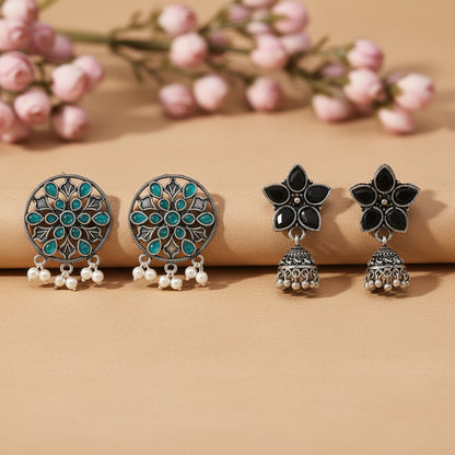 Beauty Bloom ghunghroo jhumki earring (Black)&Glass drops Dangler Earrings (Green) Combo set