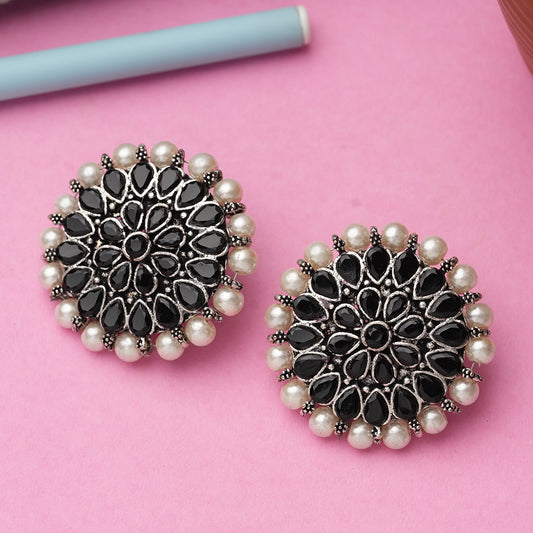 Black Stone Studded Round Oxidised Studs With Embellished Pearls