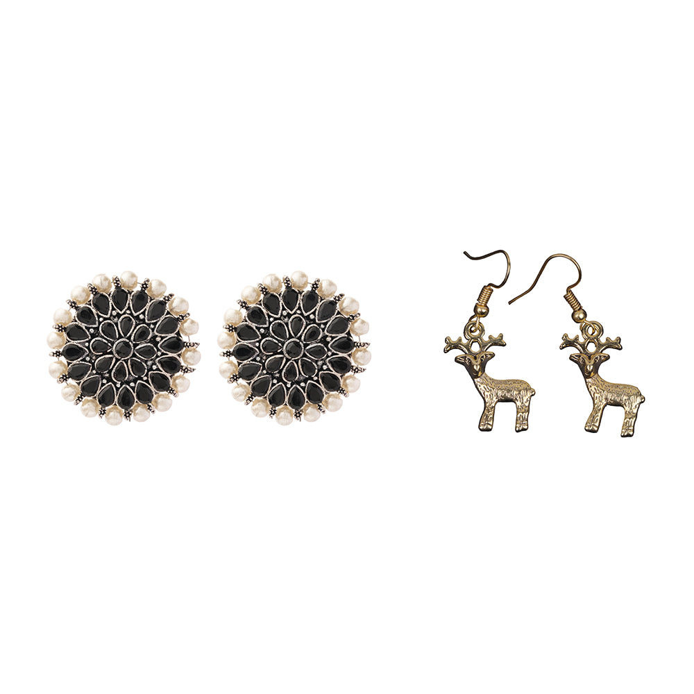Carved Charm Dangler earrings &  Deer Shaped Golden Polished Oxidised Danglers Combo set