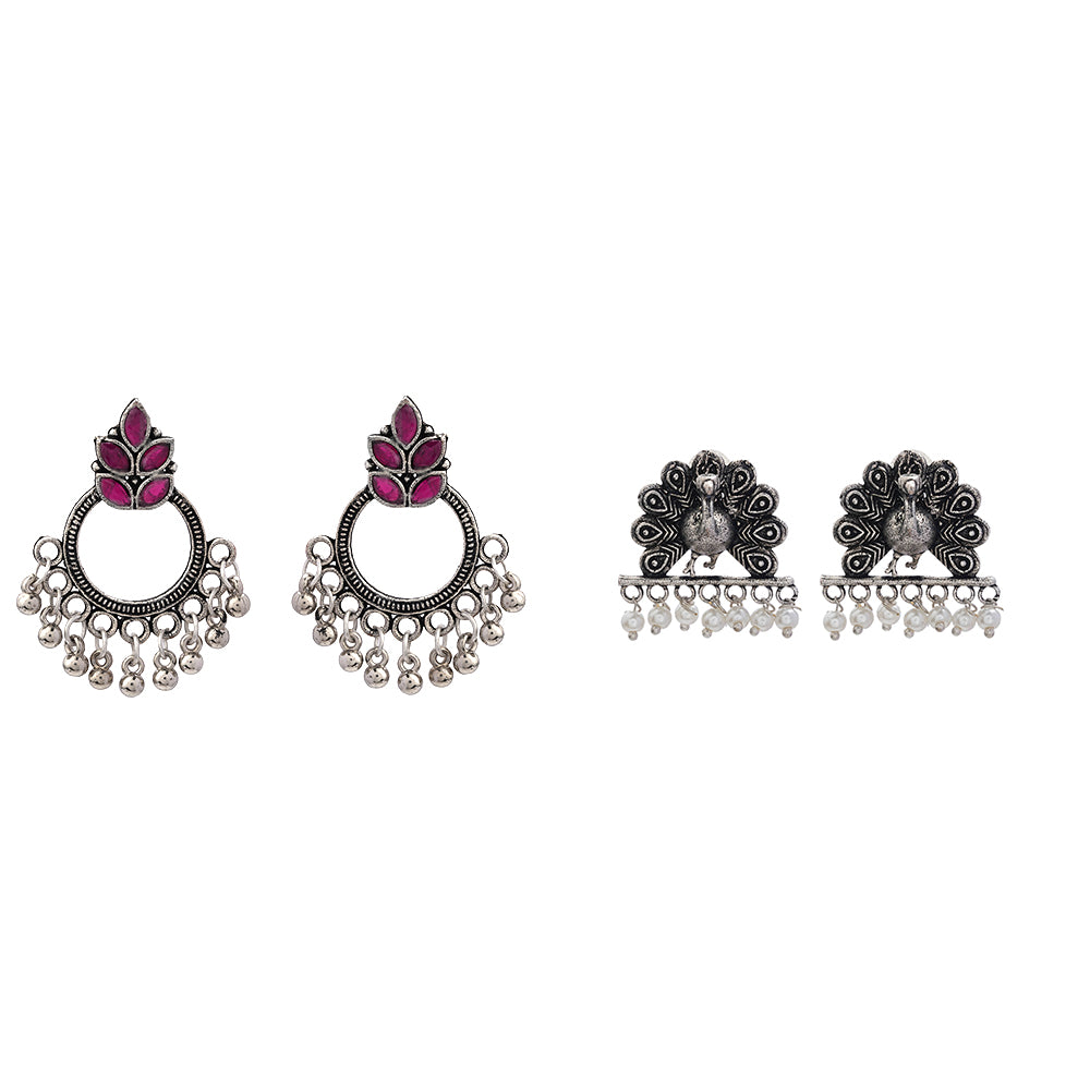 Fine Shine stud earrings (Red)&Meena Manjari stone stud earrings (Silver) Combo set