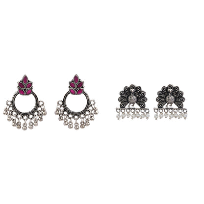 Fine Shine stud earrings (Red)&Meena Manjari stone stud earrings (Silver) Combo set