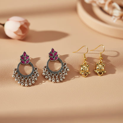 Fine Shine stud earrings (Red)&Oink Oink dangler earrings Combo set