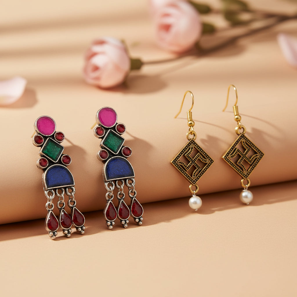 Rainbow rhine dangler earrings (Multicolored)&Swastik shaped dangler earrings Combo set