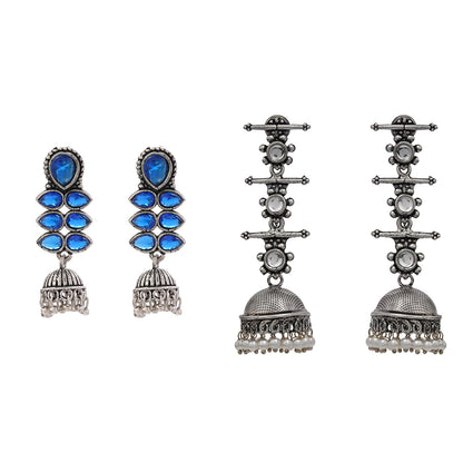 Dazzle Dash Jhumki earring (Blue) Royal Triple Bell Layered Jhumka Earring (White) Combo set