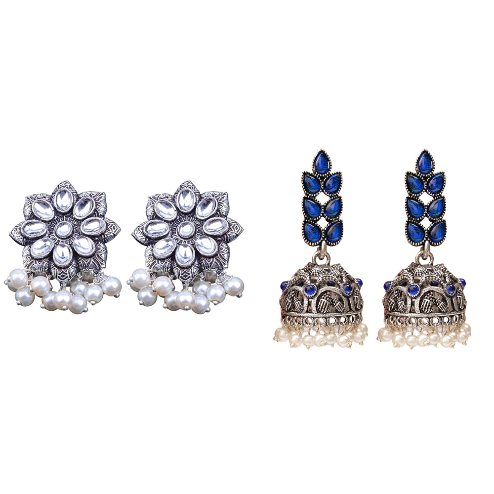 Jugni vibrant stud earrings (White)&Leaf Cascade jhumki earrings (Blue) Combo set