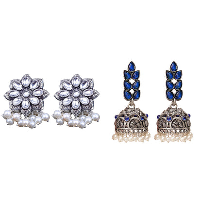 Jugni vibrant stud earrings (White)&Leaf Cascade jhumki earrings (Blue) Combo set
