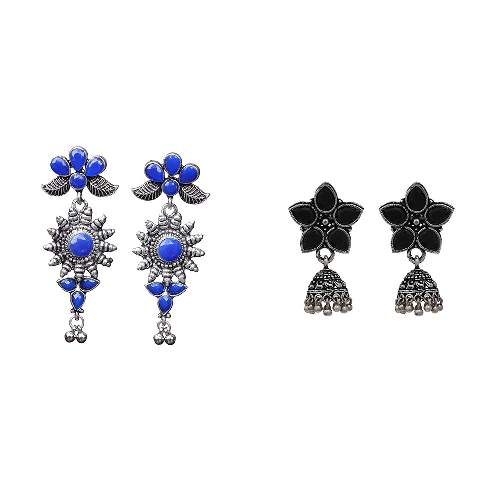 Beauty Bloom ghunghroo jhumki earring (Black)&FloraSun dangler earrings (Blue) Combo set