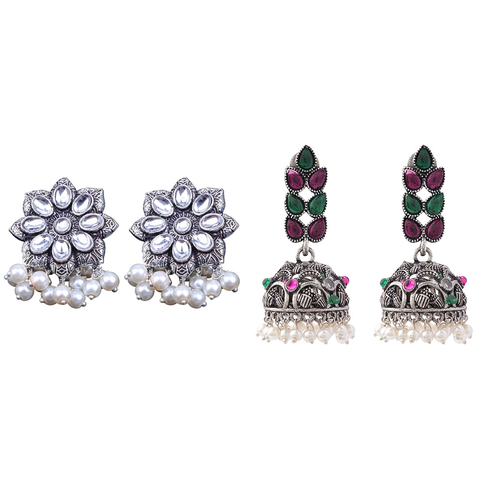 Jugni vibrant stud earrings (White)&Leaf Cascade jhumki earrings (Multicolored) Combo set