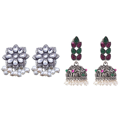Jugni vibrant stud earrings (White)&Leaf Cascade jhumki earrings (Multicolored) Combo set