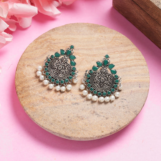 Green Stone Studded German Silver Statement Earrings