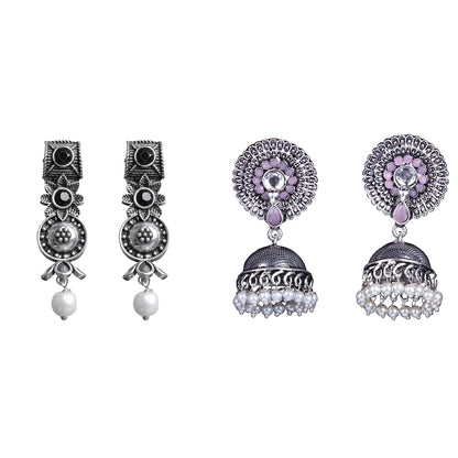 Wonderful wildflower oxidised stud earrings (Black)&Evergreen jhumka earrings (Baby Pink) Combo set