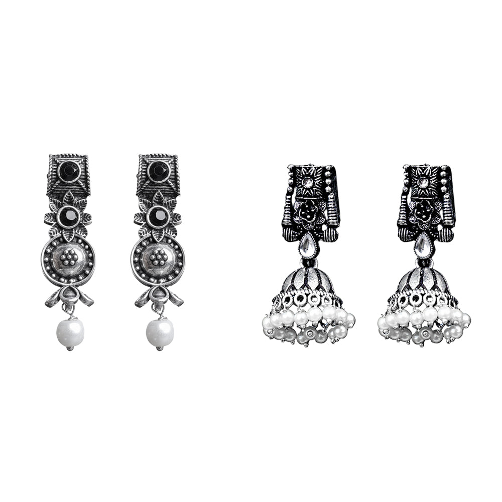 Wonderful wildflower oxidised stud earrings (Black)&Temple bells jhumki earrings (White) Combo set