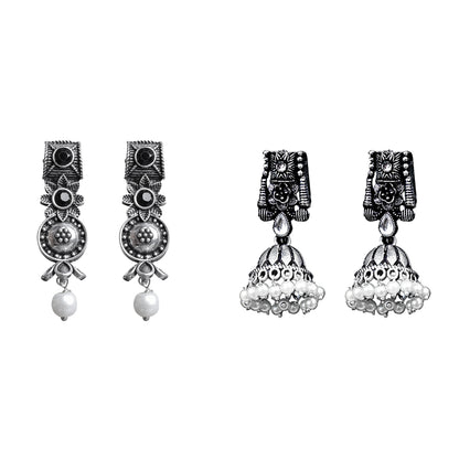 Wonderful wildflower oxidised stud earrings (Black)&Temple bells jhumki earrings (White) Combo set