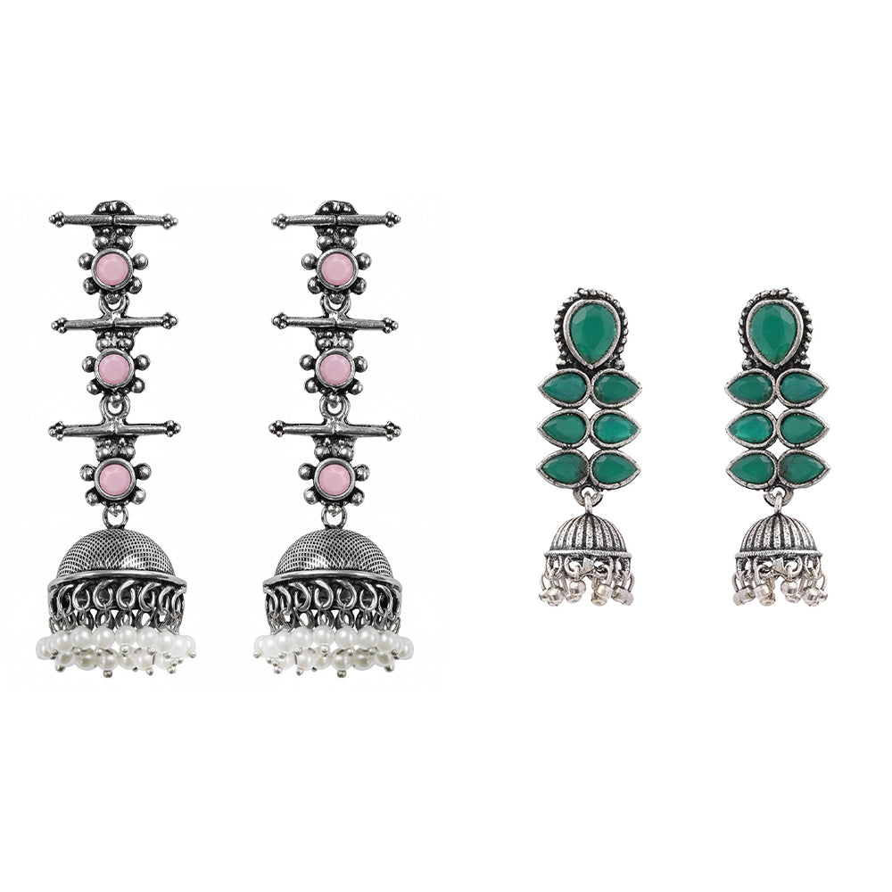Dazzle Dash Jhumki earring (Green)&Royal Triple Bell Layered Jhumka Earring (Baby Pink) Combo set