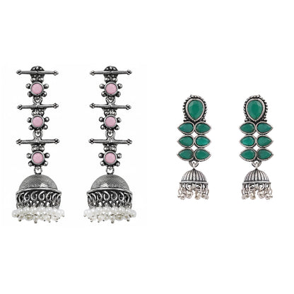 Dazzle Dash Jhumki earring (Green)&Royal Triple Bell Layered Jhumka Earring (Baby Pink) Combo set