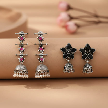 Beauty Bloom ghunghroo jhumki earring (Black)&Royal Triple Bell Layered Jhumka Earring (Red) Combo set