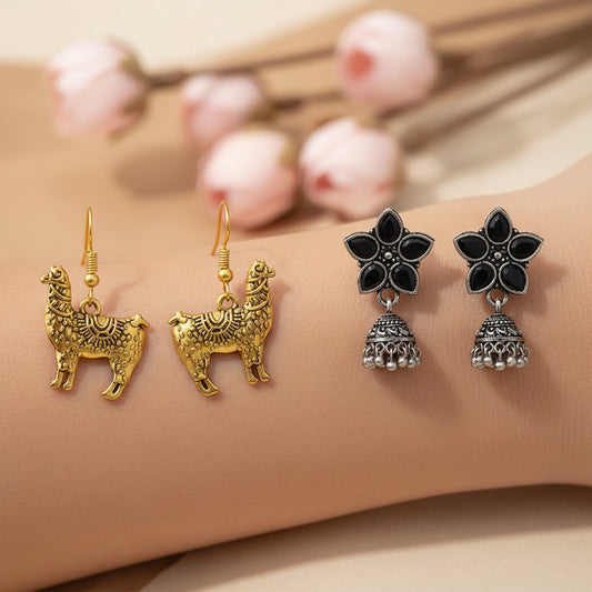 Beauty Bloom ghunghroo jhumki earring (Black)&Lama Drama dangler earrings Combo set
