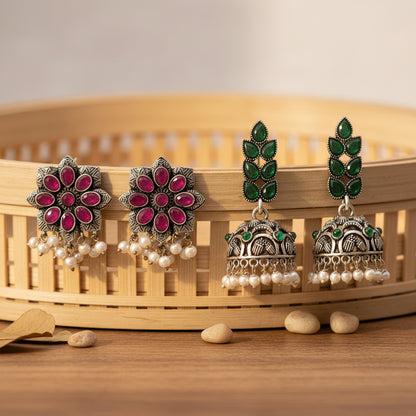 Jugni vibrant stud earrings (Red)&Leaf Cascade jhumki earrings (Green) Combo set