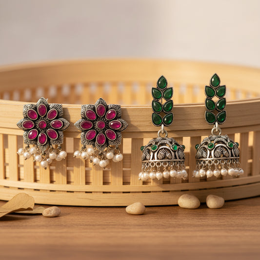 Jugni vibrant stud earrings (Red)&Leaf Cascade jhumki earrings (Green) Combo set