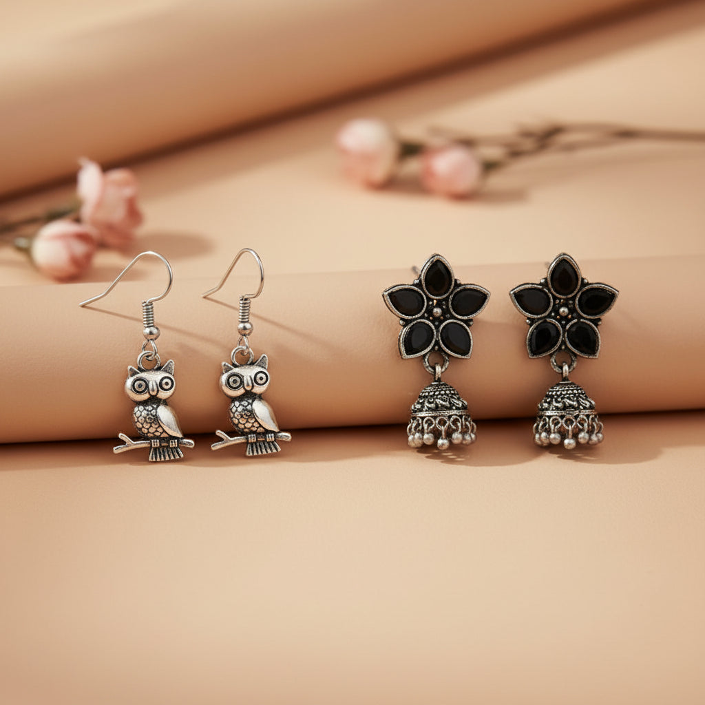 Beauty Bloom ghunghroo jhumki earring (Black)&Wise Wink dangler earrings (Silver) Combo set