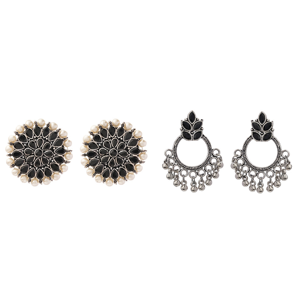 Carved Charm Dangler earrings &  Fine Shine stud earrings (Black) Combo set