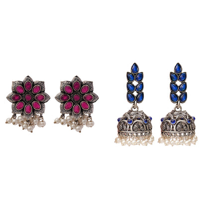 Jugni vibrant stud earrings (Red)&Leaf Cascade jhumki earrings (Blue) Combo set