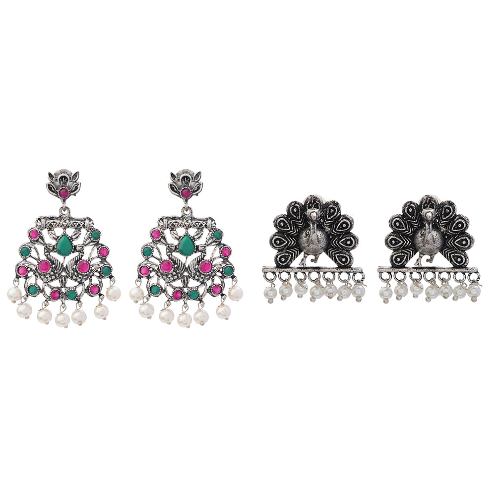 Peacock glow stone studded dangler earrings (Multicolored)&Meena Manjari stone stud earrings (Silver) Combo set