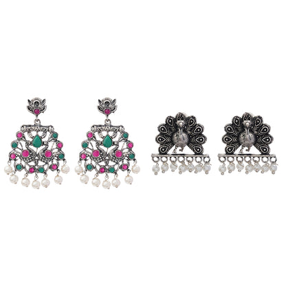 Peacock glow stone studded dangler earrings (Multicolored)&Meena Manjari stone stud earrings (Silver) Combo set