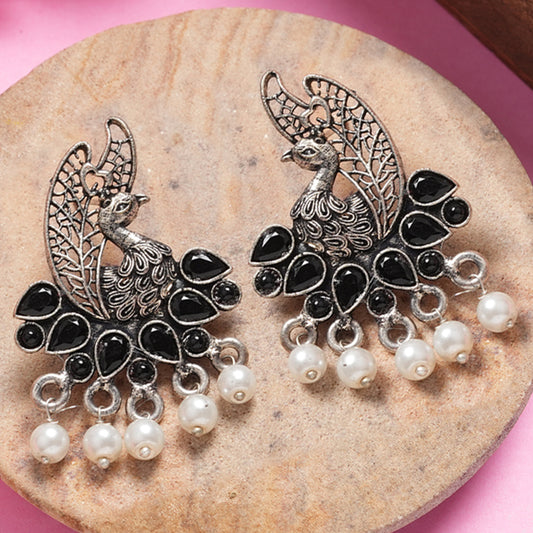 Black Stone Studded Peacock Earrings