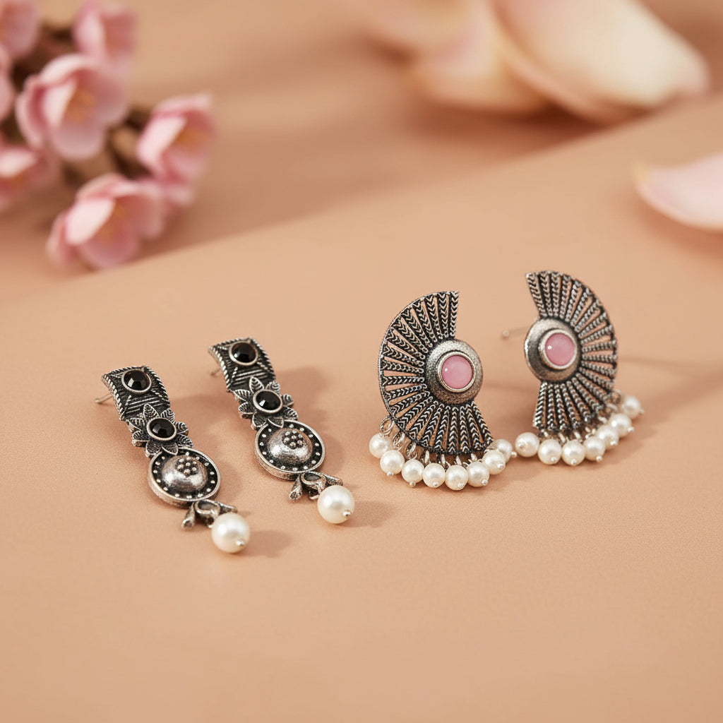 Wonderful wildflower oxidised stud earrings (Black)&Bloom Arc pearl stud earring (Baby Pink) Combo set