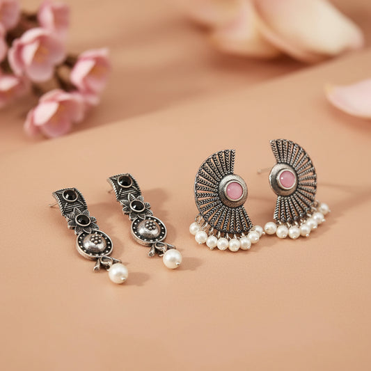 Wonderful wildflower oxidised stud earrings (Black)&Bloom Arc pearl stud earring (Baby Pink) Combo set