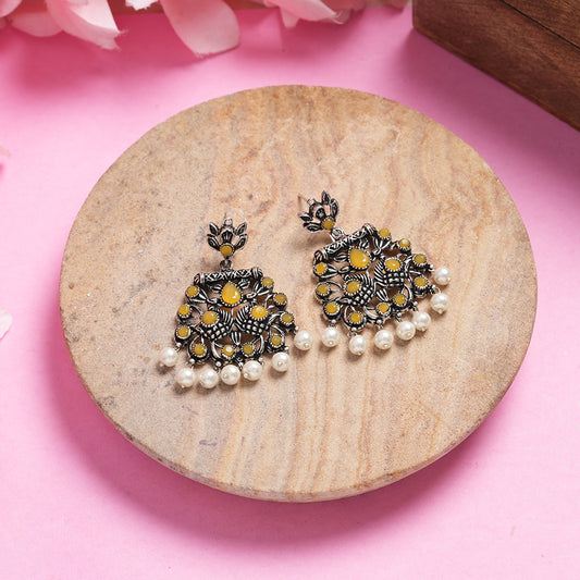 Yellow Stone Studded Danglers With Hanging Pearls