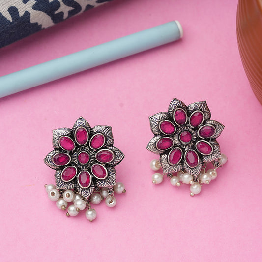 Red Stone Studded Oxidised Earrings With Hanging Pearls