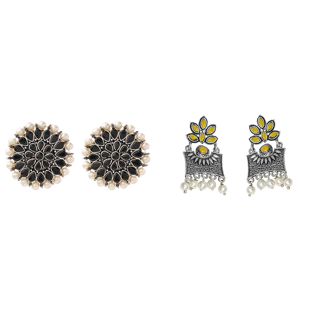 Carved Charm Dangler earrings &  Flora-Aura stone studded dangler earrings (Yellow) Combo set