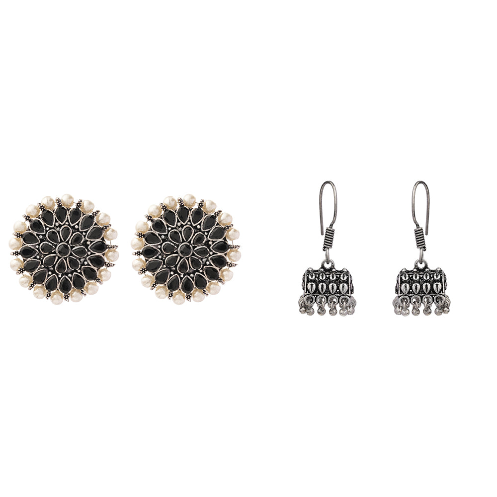 Carved Charm Dangler earrings &  Tiny Twinkle jhumki earring (Silver) Combo set