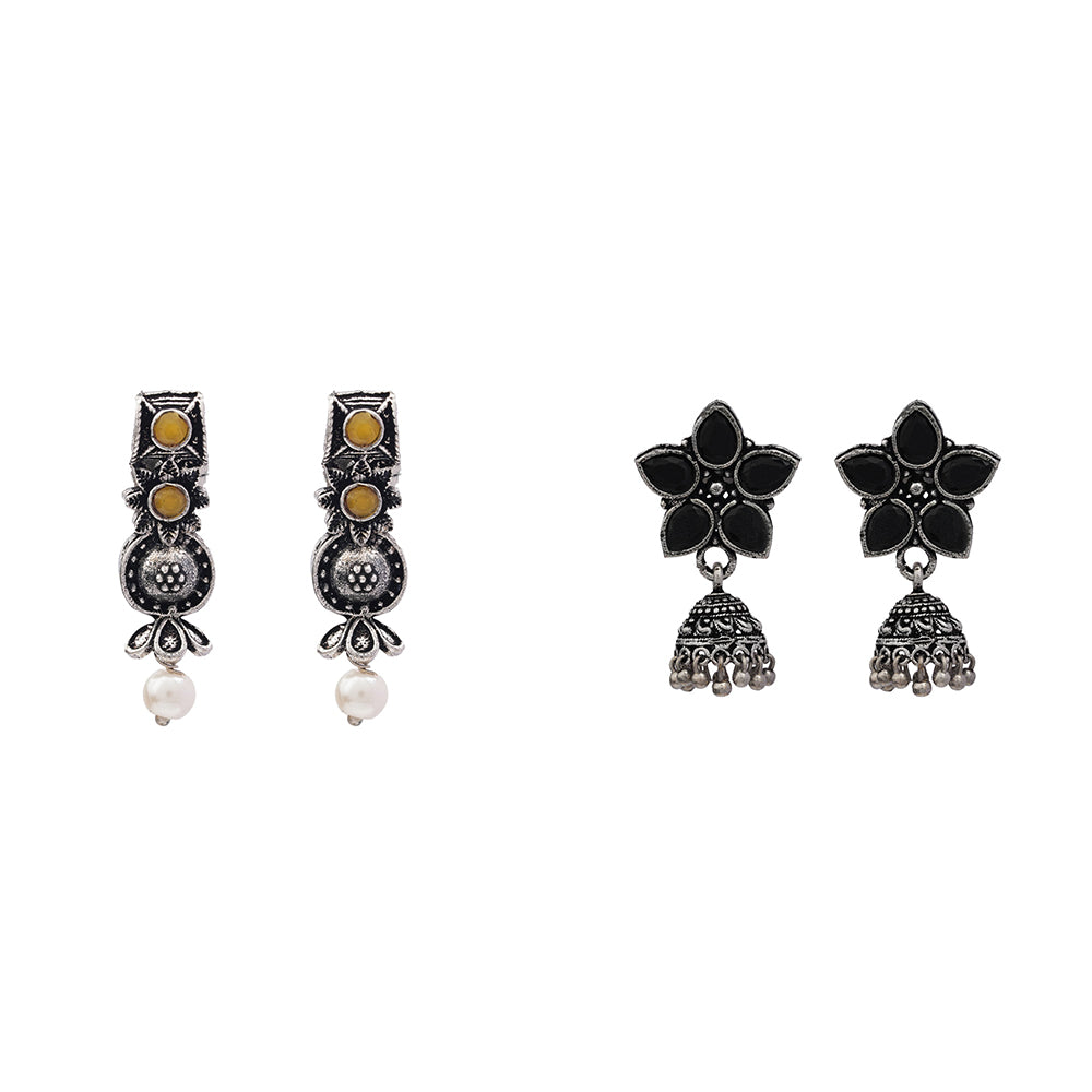 Beauty Bloom ghunghroo jhumki earring (Black)&Wonderful wildflower oxidised stud earrings (Yellow) Combo set