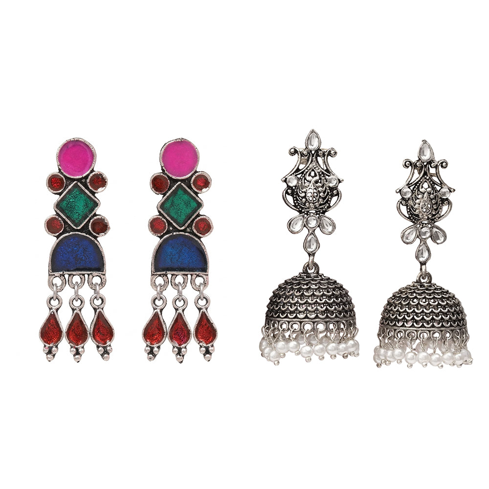 Rainbow rhine dangler earrings (Multicolored)&Sapphire Seher pearl jhumka earrings (White) Combo set